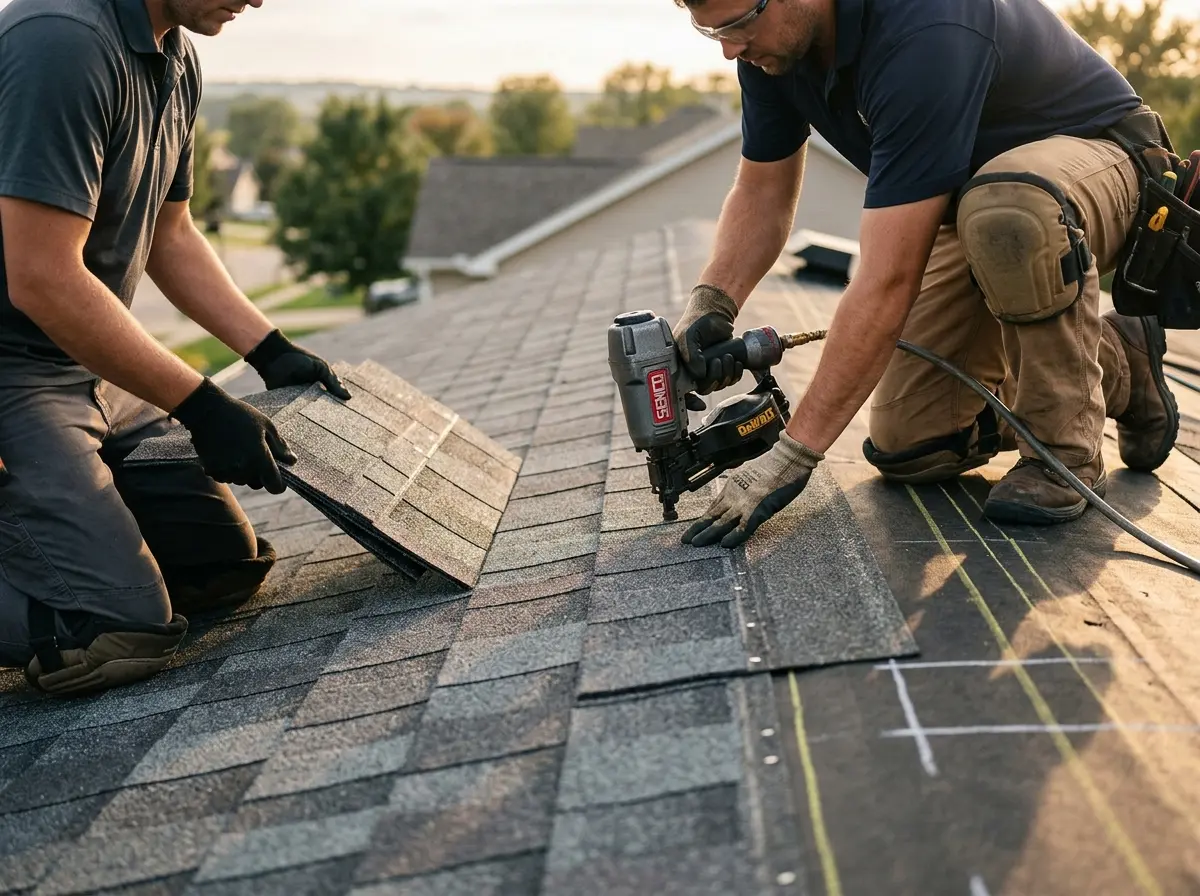 Professional roofer working on a residential roof in Montgomery